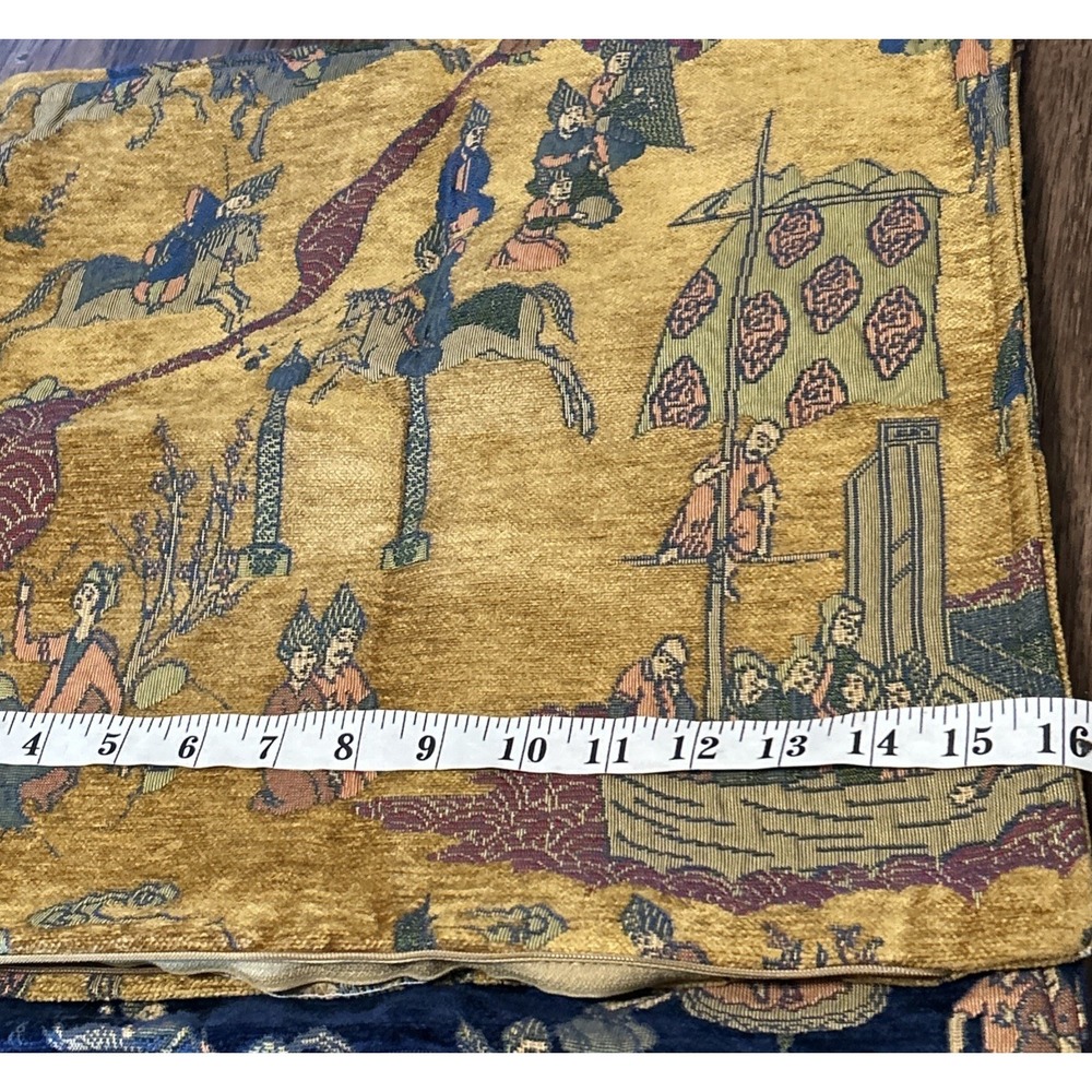 Vintage Pillow Covers Persian Folklore Novelty Print Scenes Turkey Blue Gold TWO - Picture 6 of 7